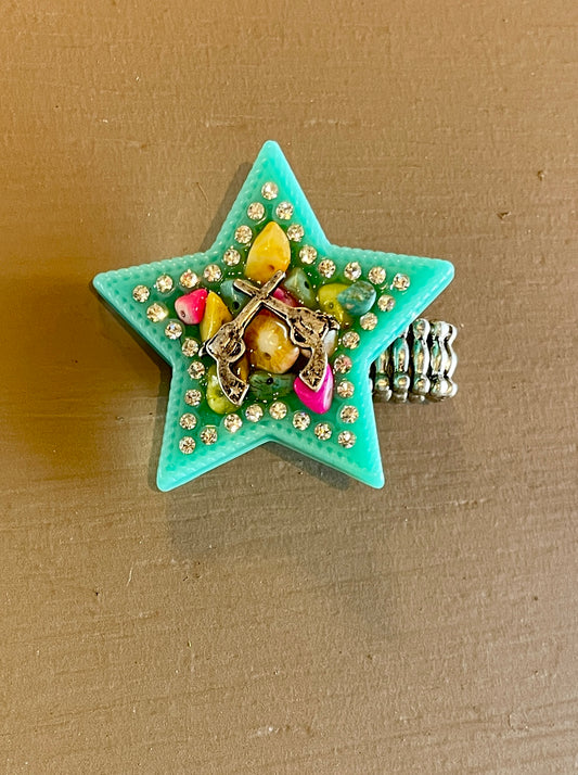 Turquoise Star with Rhinestones and Guns Ring