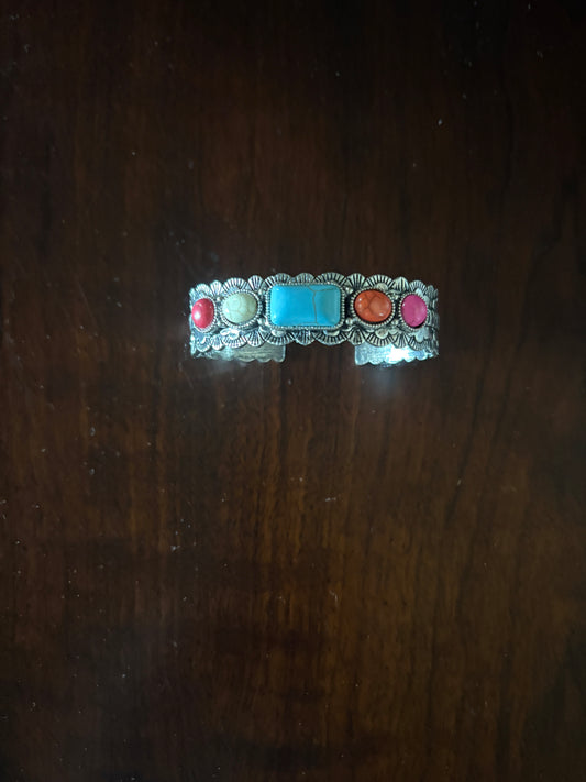 Silver Adjustable Bracelet with Multicolored Stones