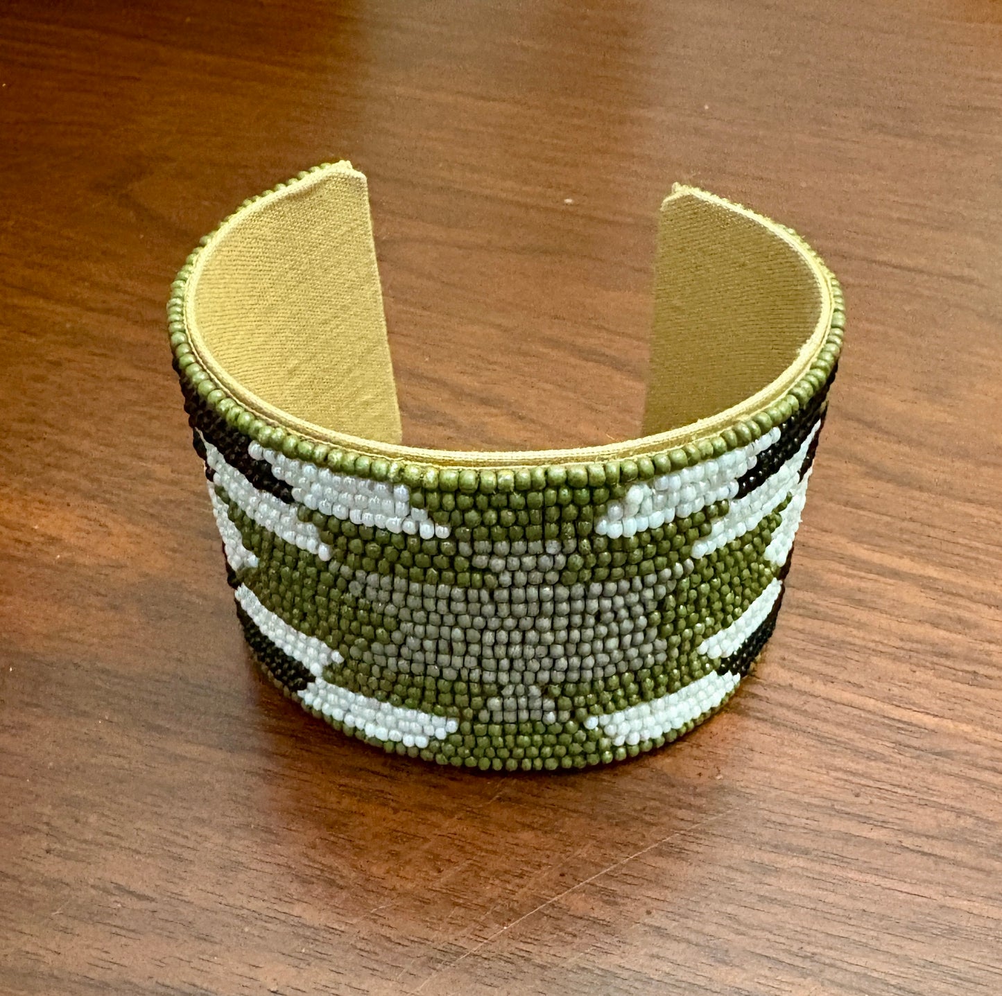 Olive, Black & White Beaded Cuff Bracelet
