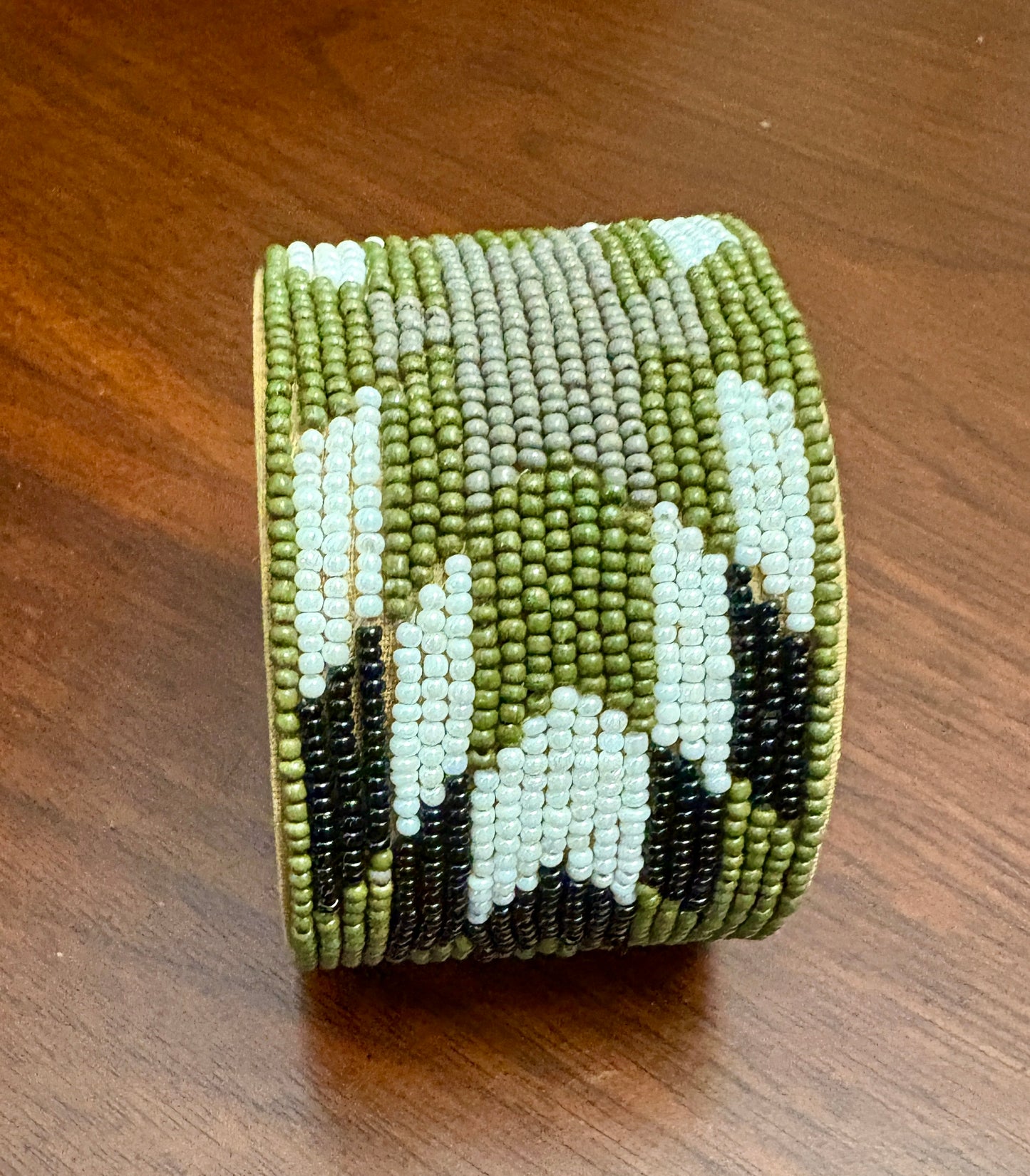 Olive, Black & White Beaded Cuff Bracelet
