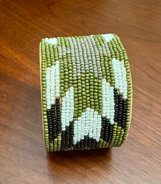 Olive, Black & White Beaded Cuff Bracelet