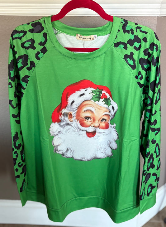 Green Long Sleeve with Santa and Black Leopard Sleeves