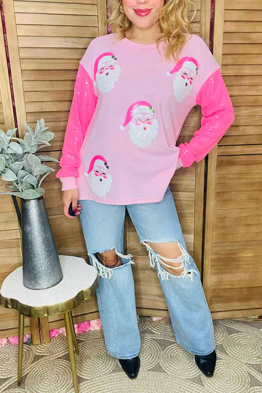 Pink Long Sleeve with Sequin Santas and Sequin Sleeves