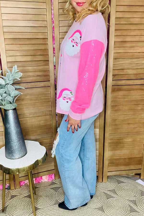 Pink Long Sleeve with Sequin Santas and Sequin Sleeves