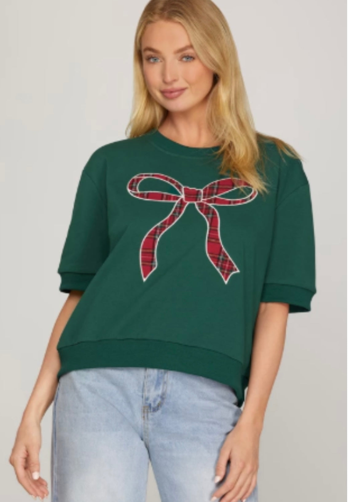 She & Sky Green Short Sleeve Round Neck Plair Bow Knit Top