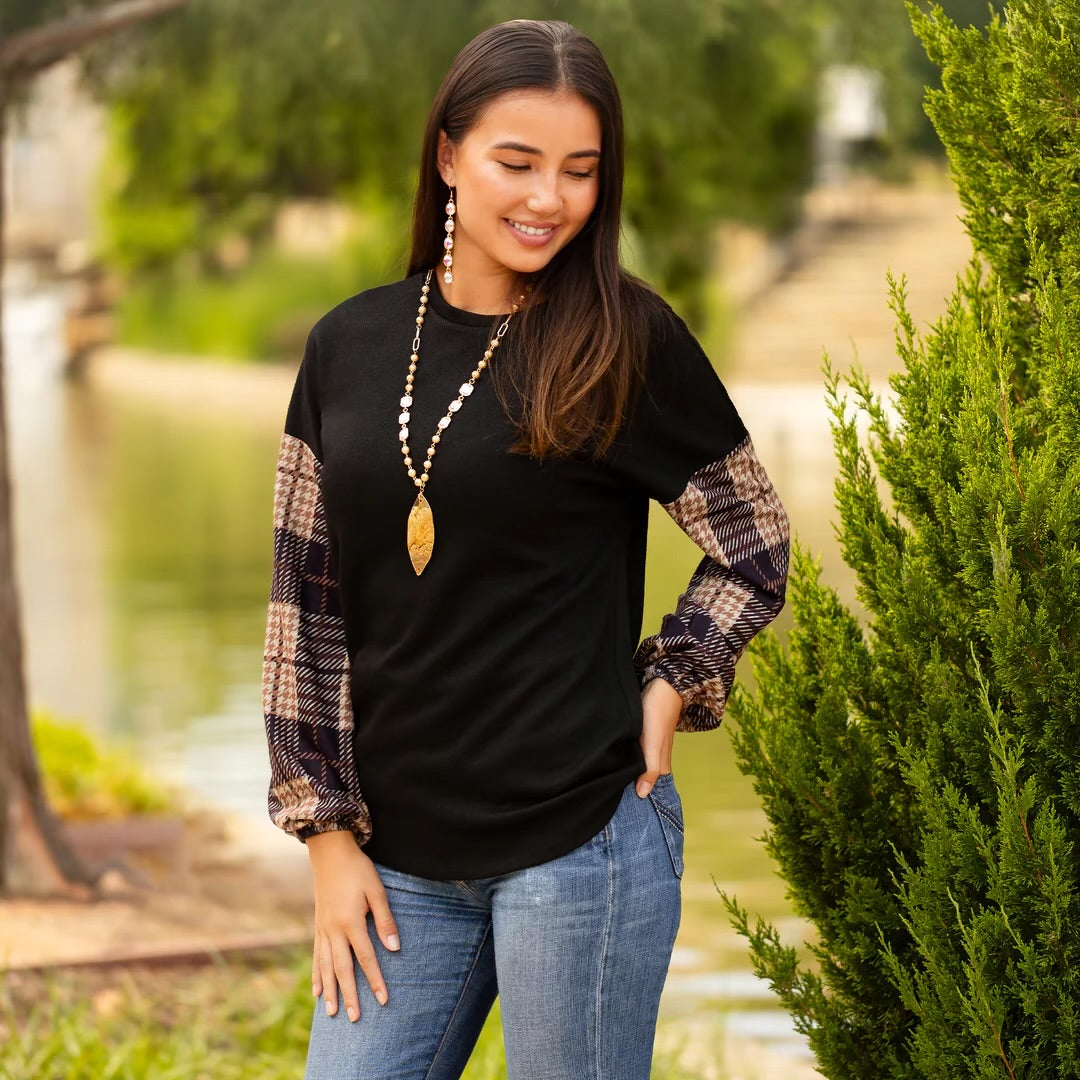 Black & Tan Plaid Sleeve Top