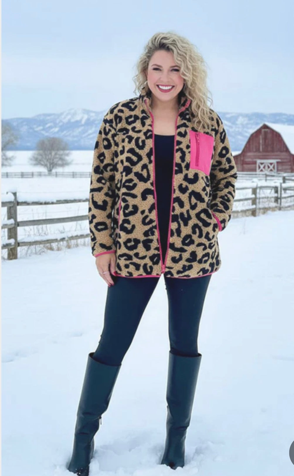 Tan & Black Leopard Jacket with Pink Pocket and Trim