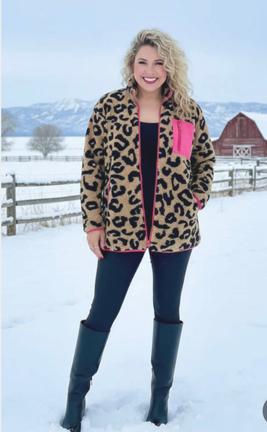 Tan & Black Leopard Jacket with Pink Pocket and Trim