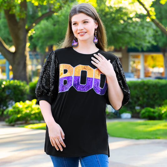 “Boo” Sequined Black Top with Bubble Sleeves