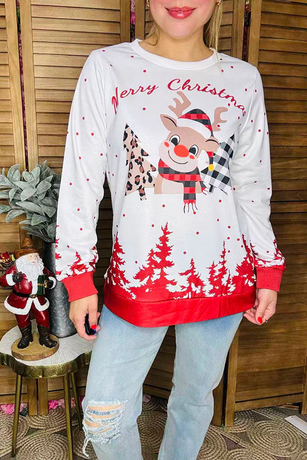 Merry Christmas Reindeer and Trees Long Sleeve Blouse
