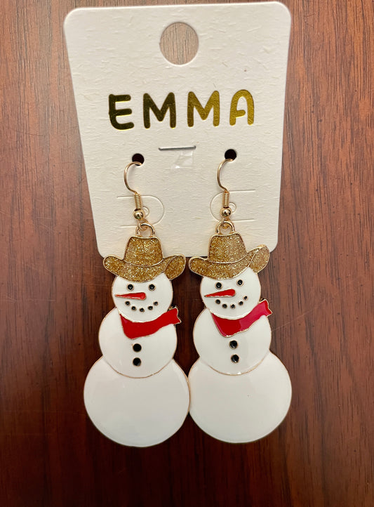 Western Snowman with Gold Hat Earrings