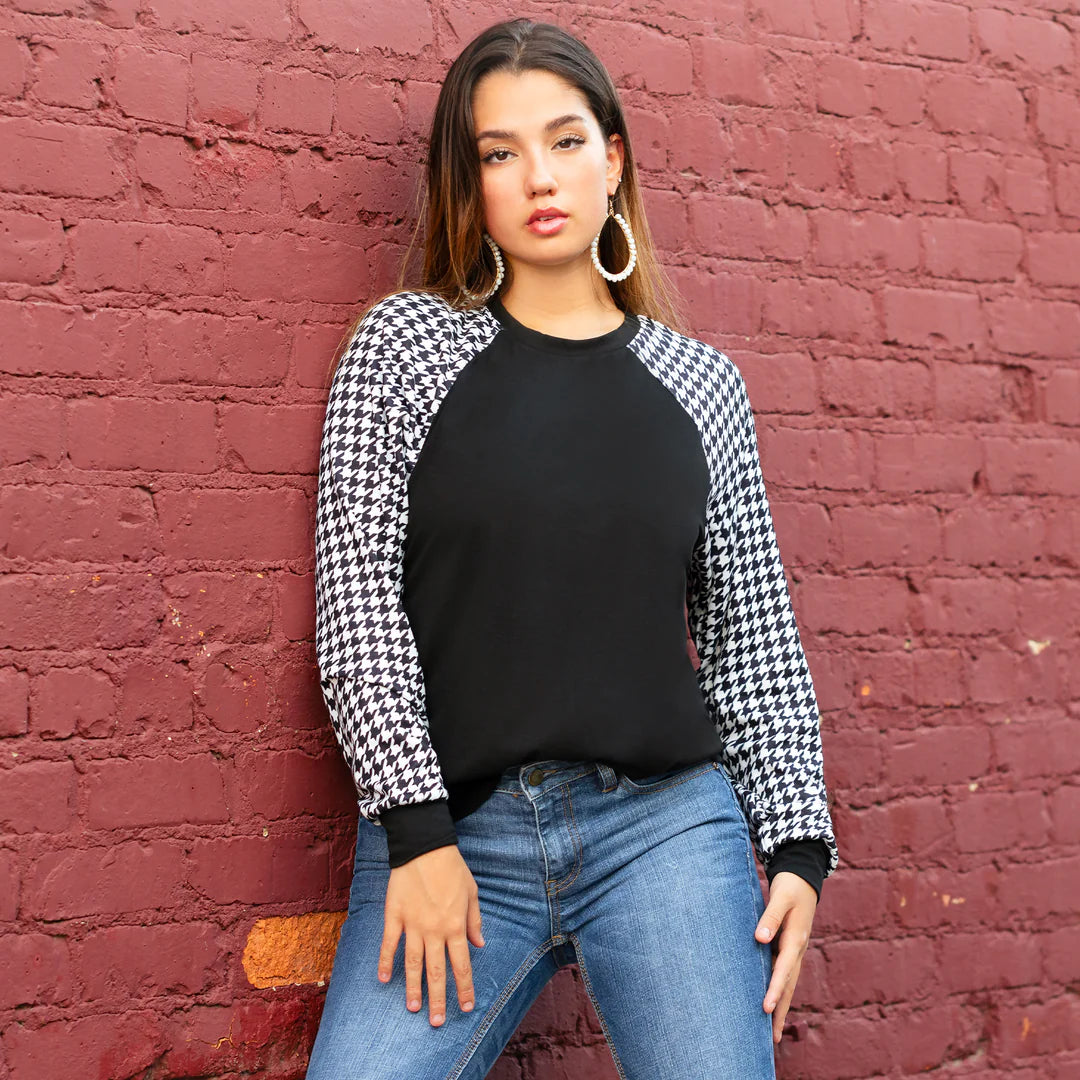 Black Blouse with Houndstooth Pattern Sleeves