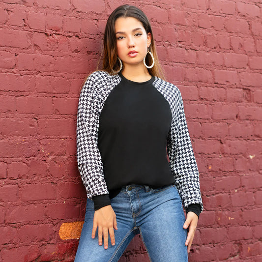 Black Blouse with Houndstooth Pattern Sleeves