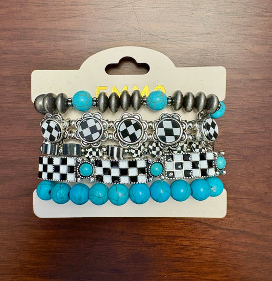 Black and White Checkered Turquoise Beaded Bracelet Stack