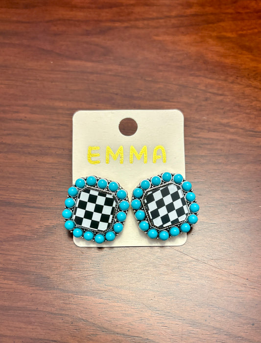 Turquoise Beaded Black and White Checkered Earrings