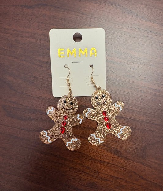 Gold Glitter Sparkly Gingerbread Man Earrings