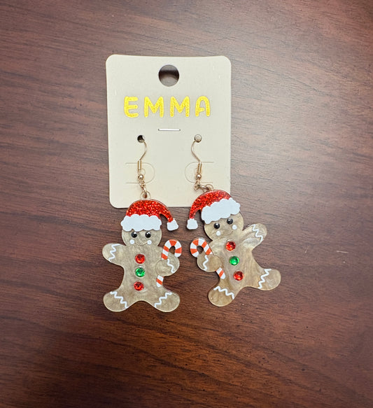 Acrylic Gingerbread Man Earrings-Red, White and Gold