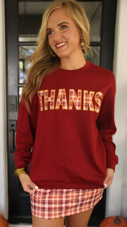 Jess Lee Thanks Plaid Patch Pullover - Burgundy