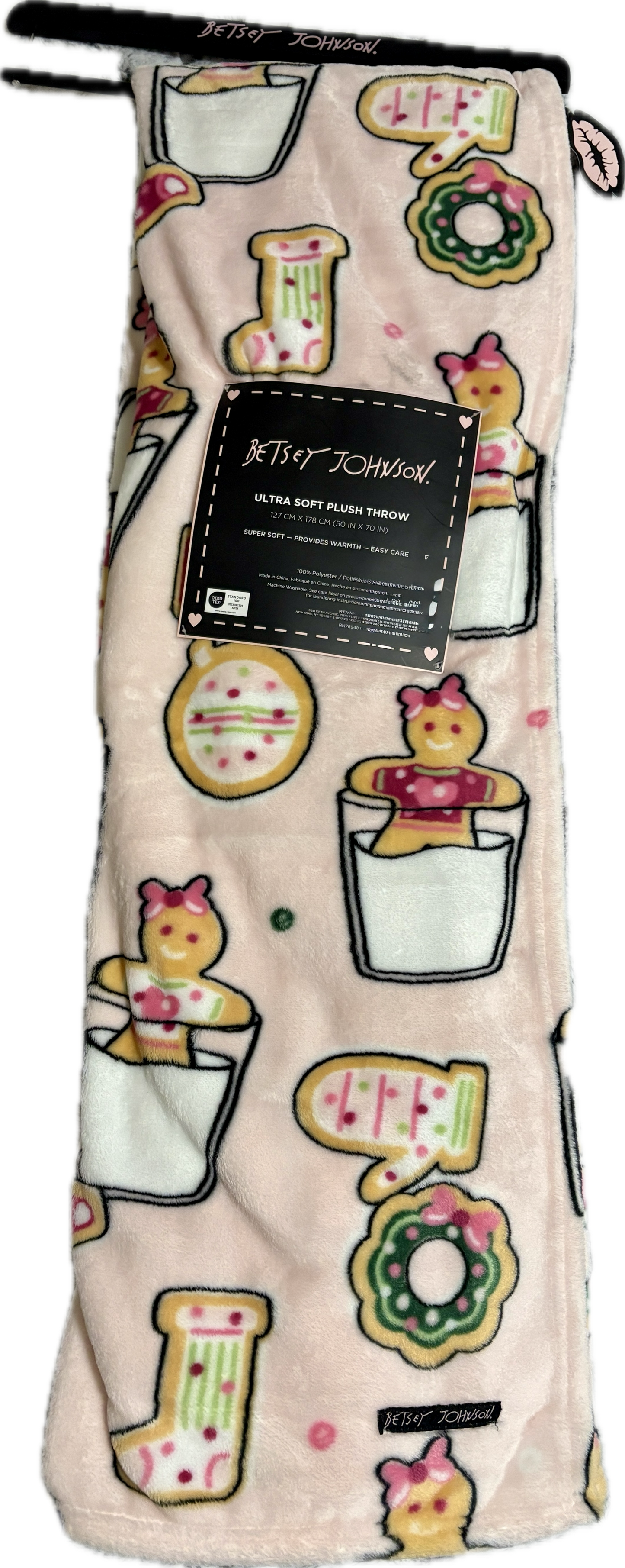 Betsey Johnson Pink Christmas Blanket with Gingerbread Cookie in Milk, Ornaments, Donuts and Stockings