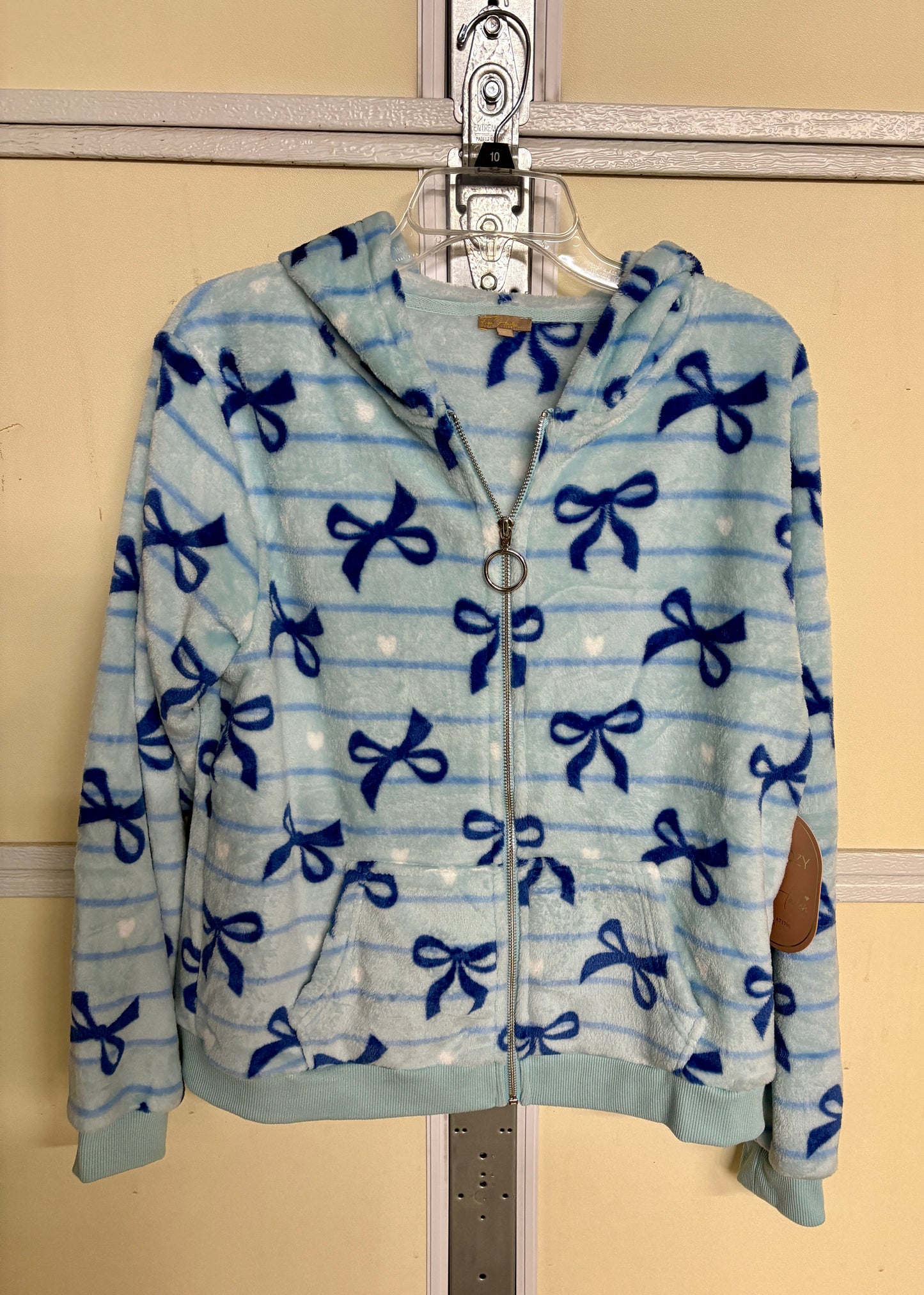 Light Blue Velvet Soft Hooded Jacket with Dark Blue Bows