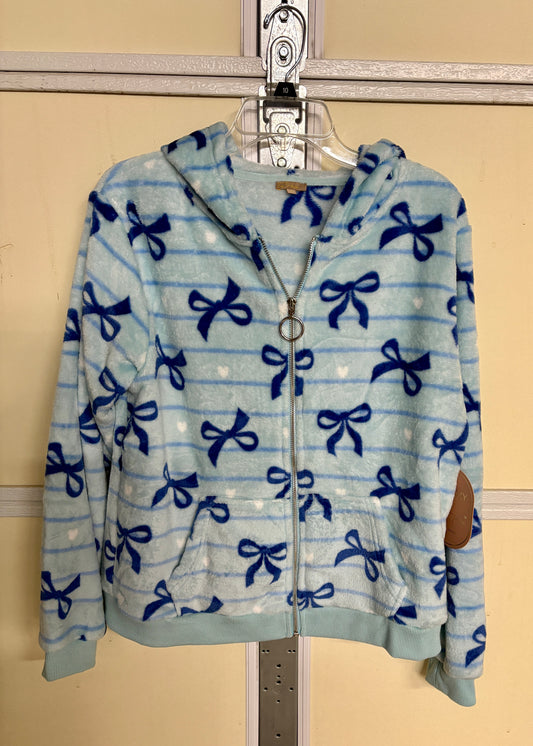 Light Blue Velvet Soft Hooded Jacket with Dark Blue Bows