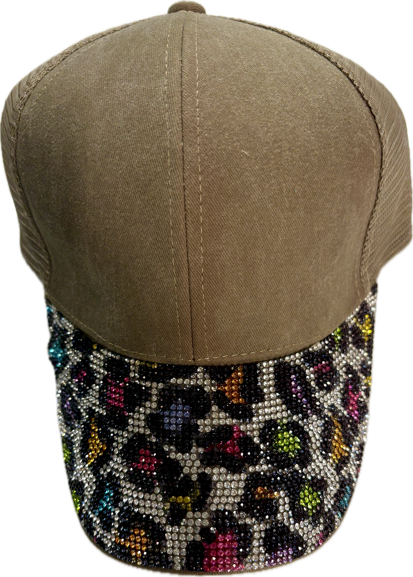Taupe Ballcap with Multicolored Leopard Bill