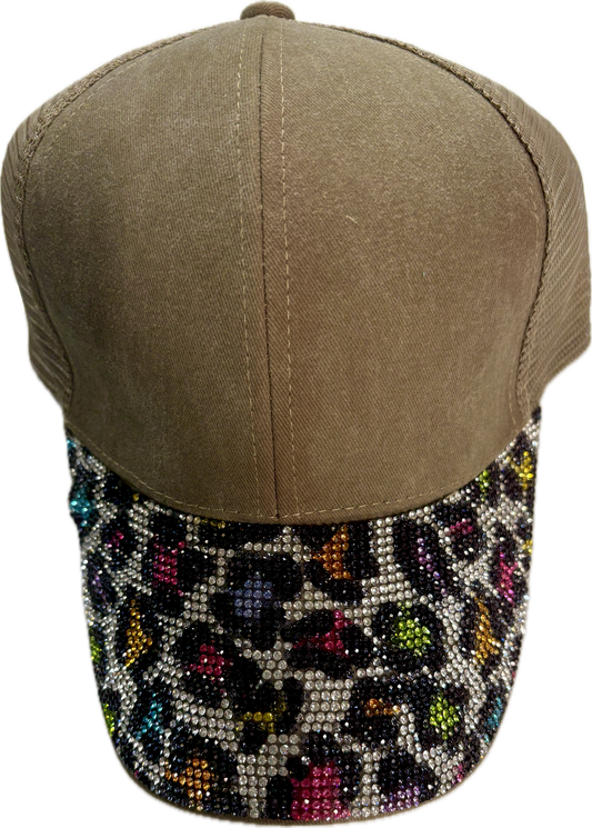Taupe Ballcap with Multicolored Leopard Bill