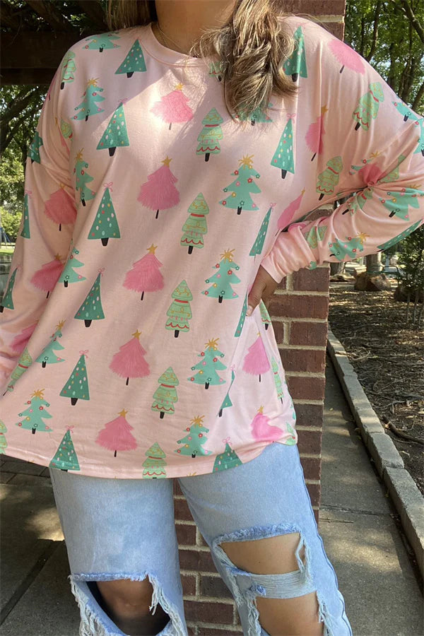 Pink Christmas Tree Graphic Multi Print Tee