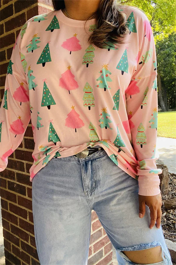 Pink Christmas Tree Graphic Multi Print Tee
