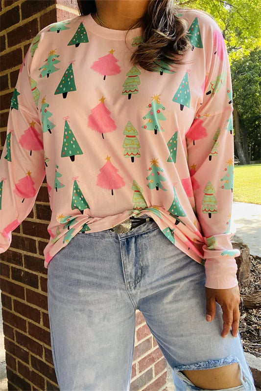 Pink Christmas Tree Graphic Multi Print Tee