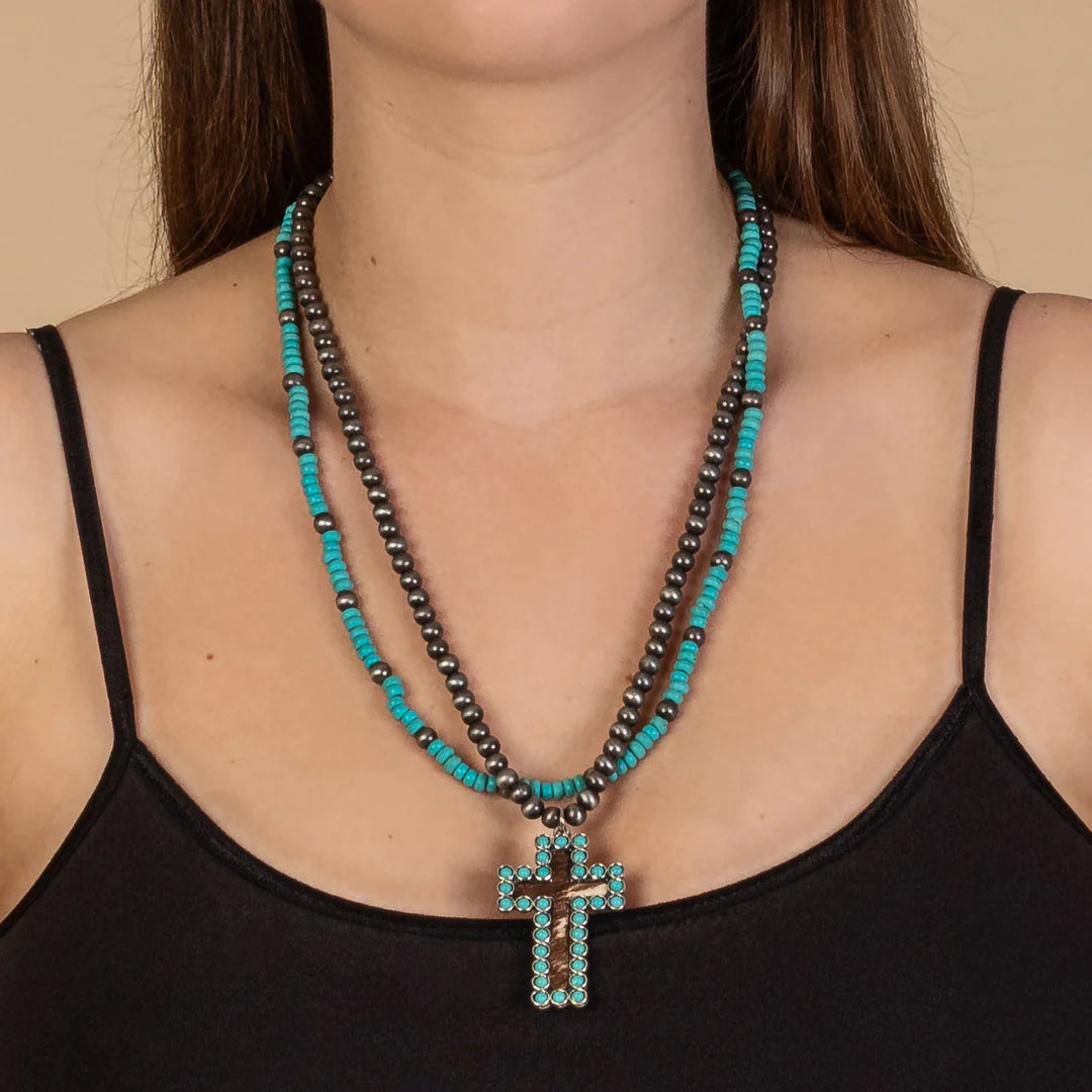 Squash Blossom Animal Hide Cross Necklace