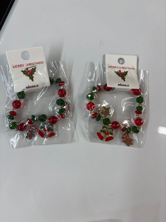 Green & Red Beaded Christmas Bracelet with Bear, Bell & Star
