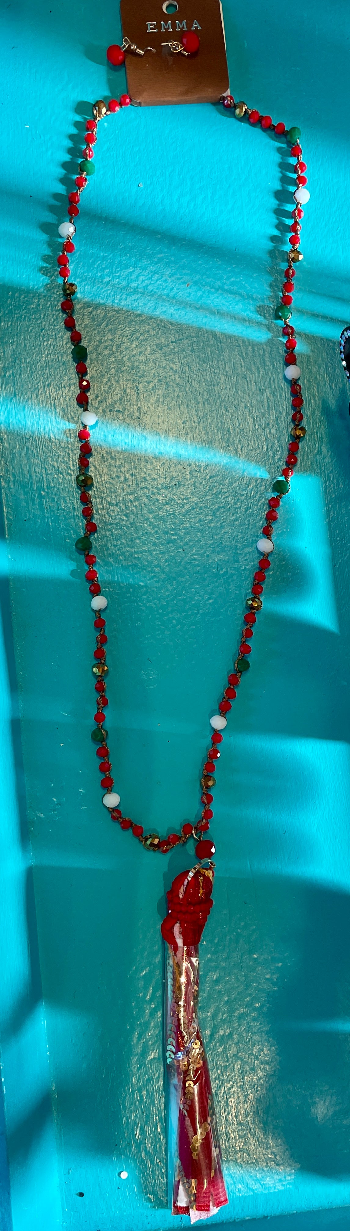 Christmas Red, White and Green Beaded Tassel Necklace