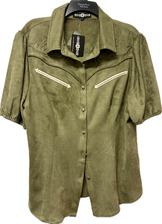 Olive Green Suede Short Sleeve Button Down Blouse