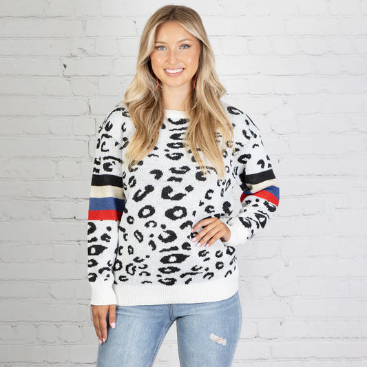 White Leopard Sweater with Stripes