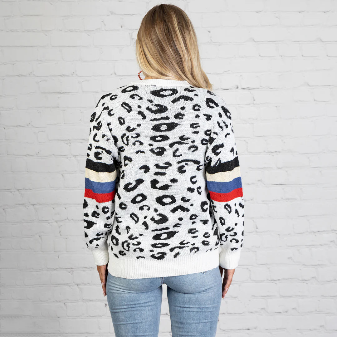 White Leopard Sweater with Stripes