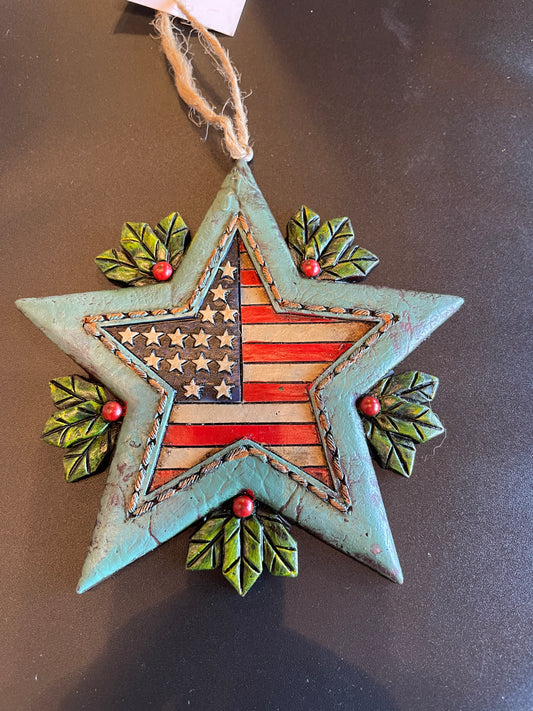 Green Star Christmas Ornament with USA Flag