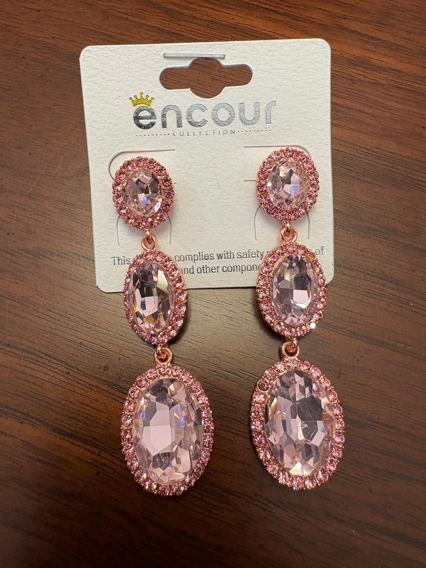 Pink Rhinestone with Pink Gemstone Triple Dangle Earrings