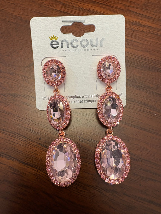 Pink Rhinestone with Pink Gemstone Triple Dangle Earrings