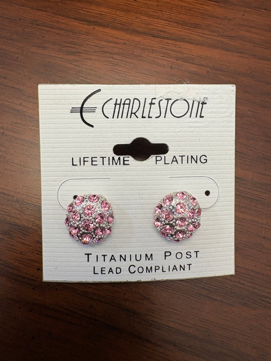Pink & Silver Rhinestone Round Stud Earrings