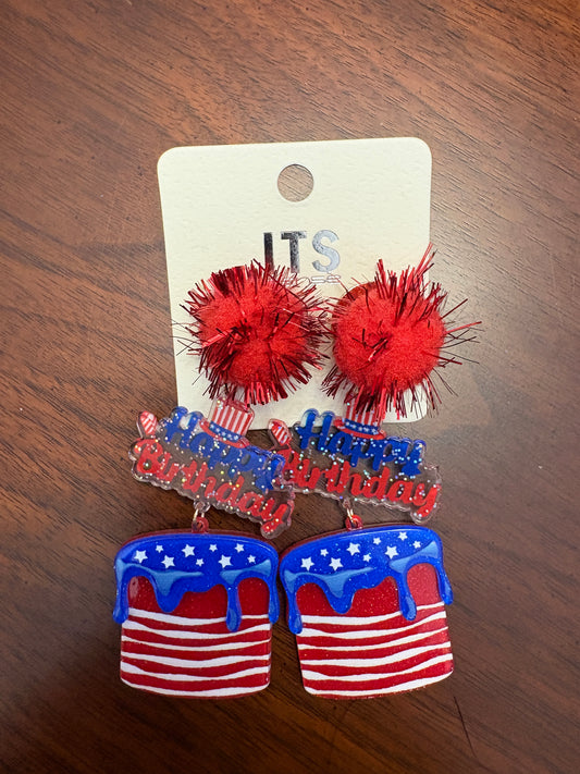 Red, White and Blue Happy Birthday Cake Triple Dangle Earrings