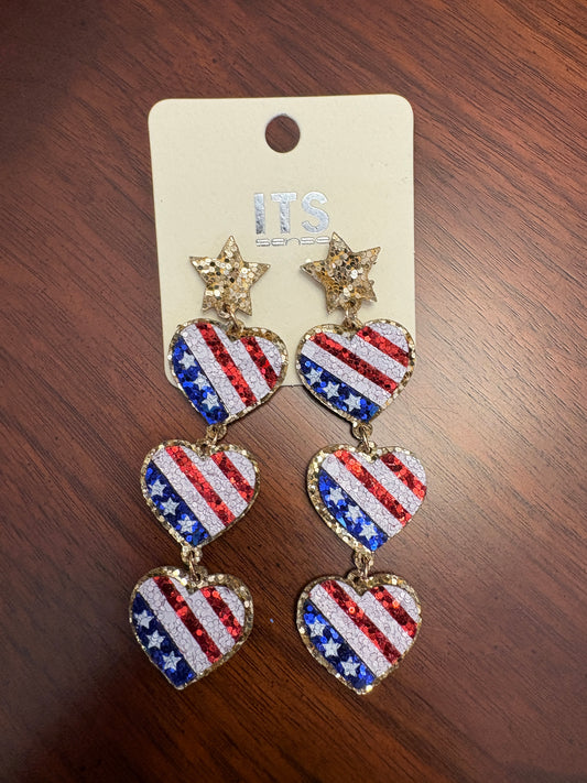 Red, White and Blue Triple Flag Heart Dangle Earrings