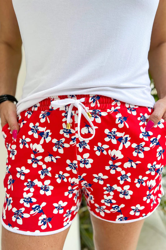 Rebel Floral Drawstring Shorts - Red