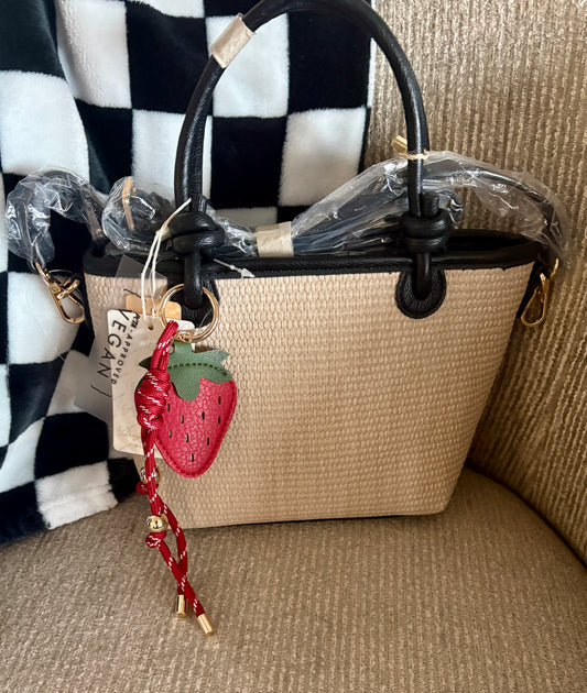 Beige Handbag with Black Handles & Strawberry Chain