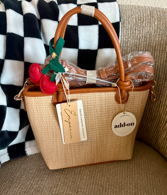 Beige Handbag with Tan Handles & Cherries Chain