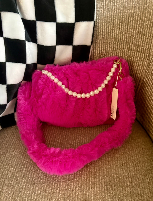 Pink Fuzzy Handbag with Pearl Handle