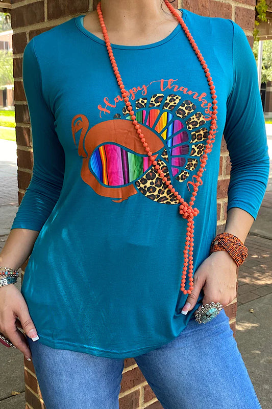 "Happy Thanksgiving" Blue Long Sleeve Shirt with Leopard and Rainbow Turkey