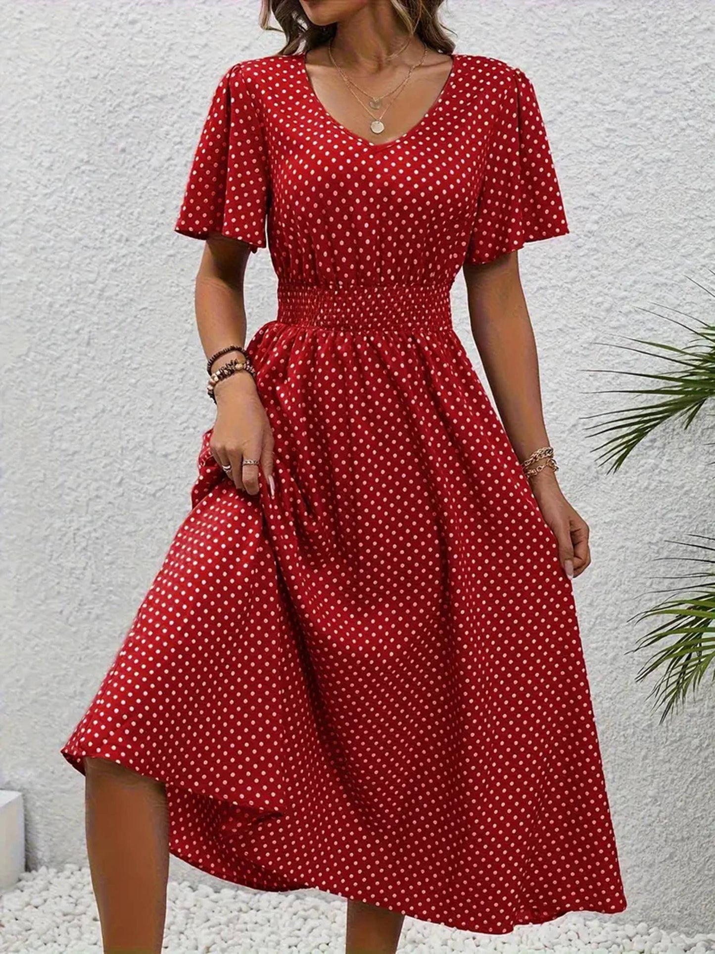 V-neck Polka Dot Pullover Casual Dress