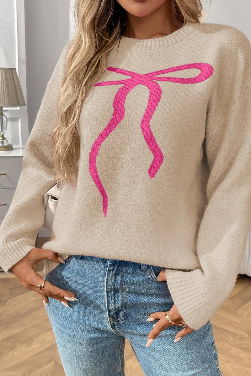 Bow Knit Sweater with Vintage Floral Design