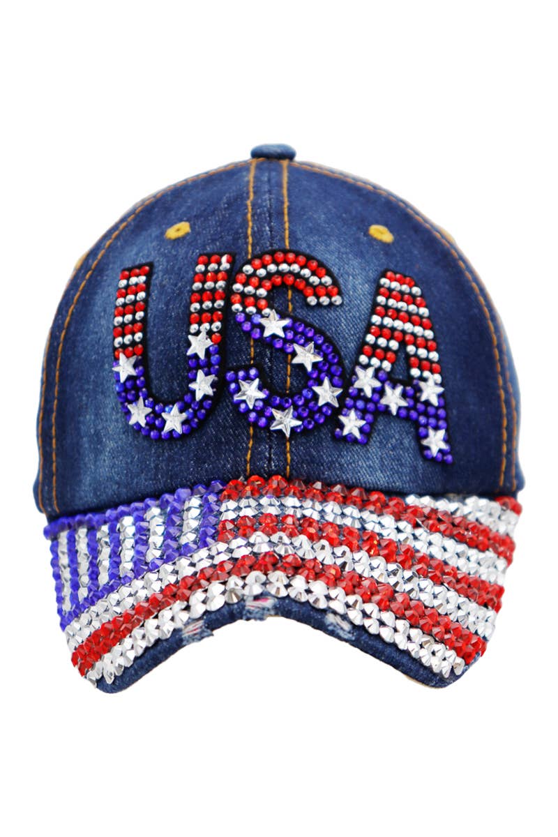 USA American Flag Bling Rhinestone Denim Cap